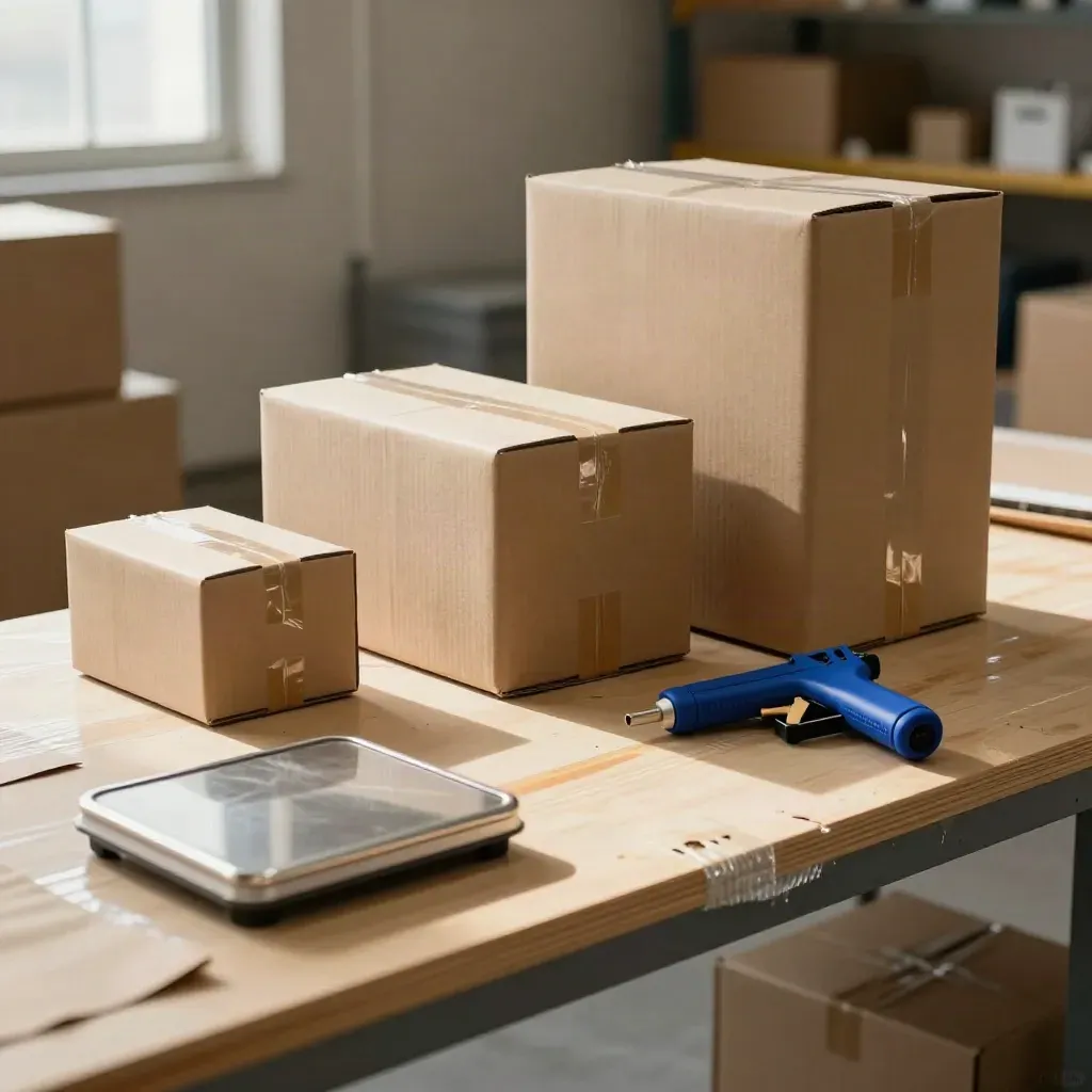 Parcel cartons staged on a scale beside a tape gun in a warm, dust-lit packing bay.