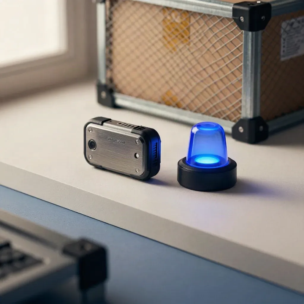 Rugged GPS tracker puck, cobalt beacon and charging cradle beside a soft-focus parcel cage on plaster.
