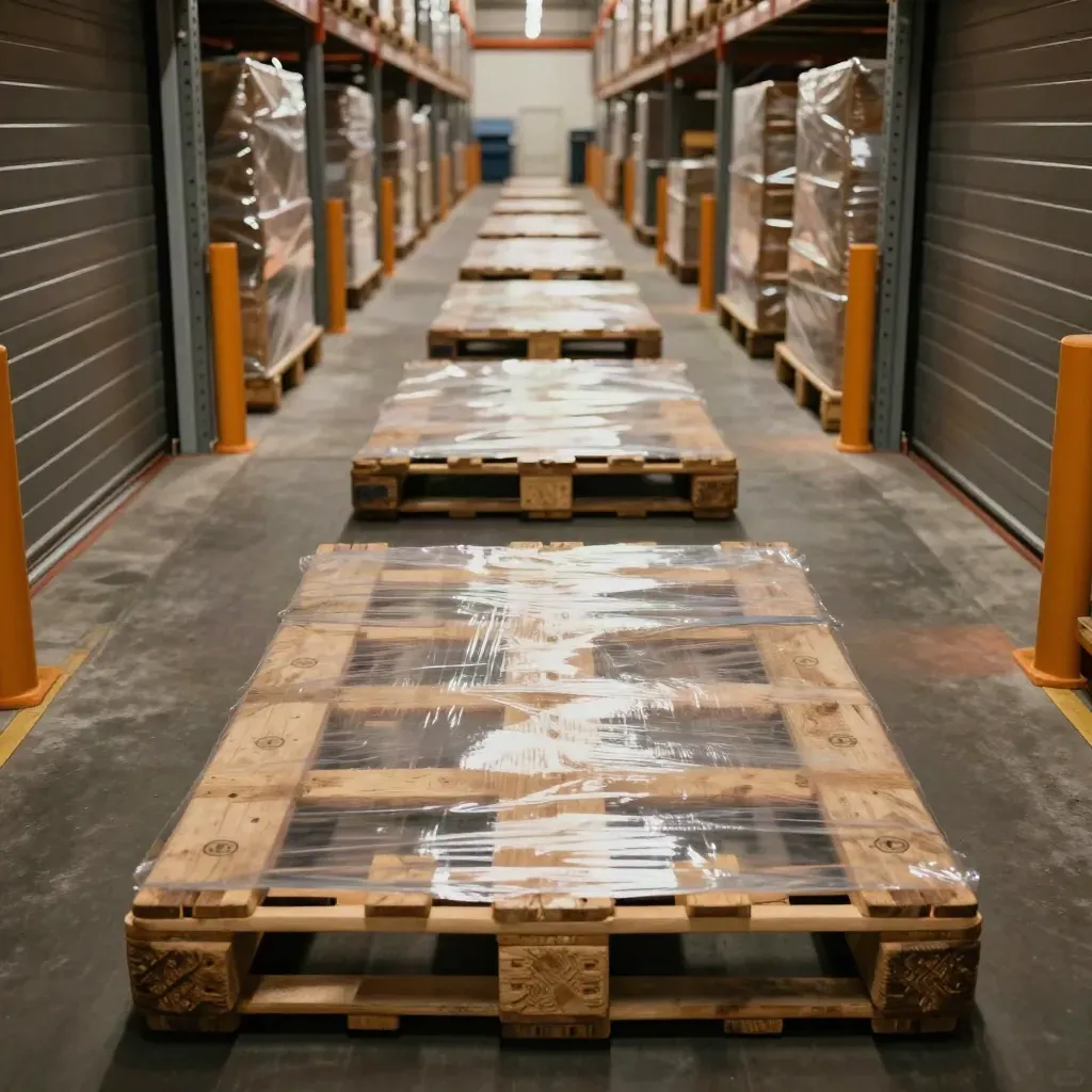 Aligned pallet loads in a hazy warehouse bay with dock levellers and timber spacers