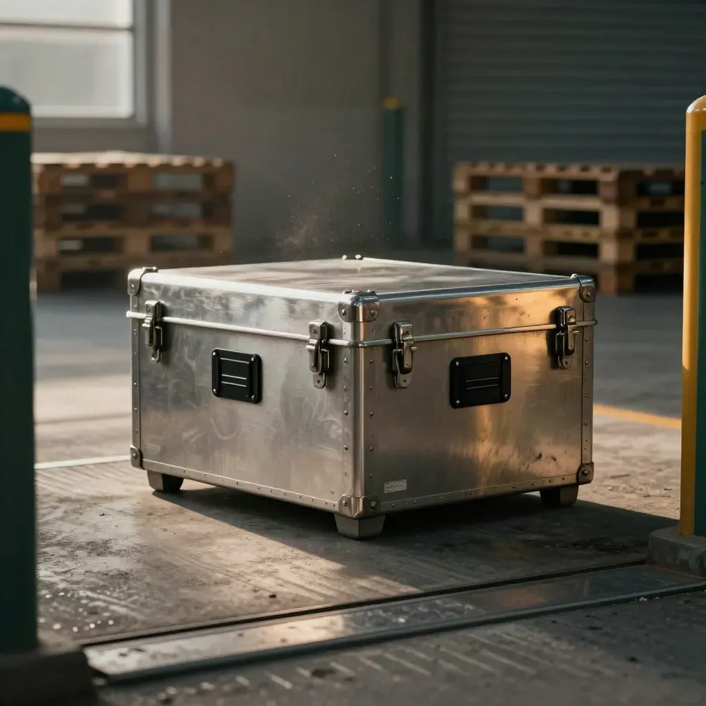 Sealed metal parts crates at a customs bay under green-amber dock light.