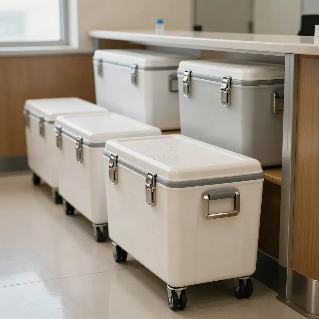 Medical supply totes and chilled carrier boxes ready in a spotless clinic loading alcove.