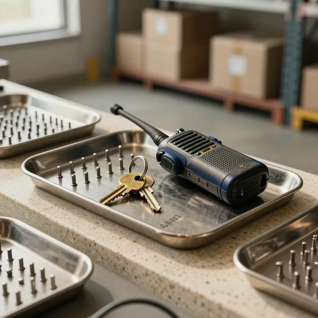 Keys, route pegs and a rugged radio in a metal tray on travertine.