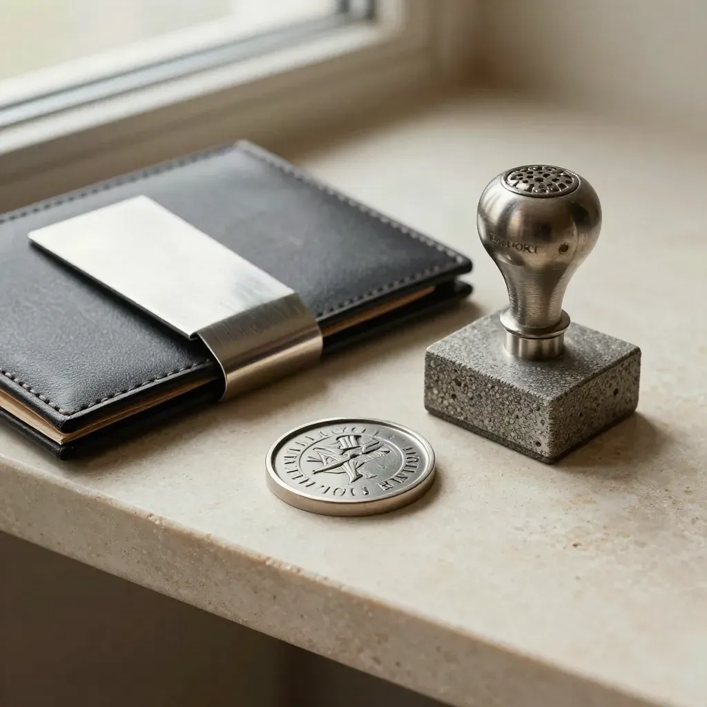 Embossing seal, document wallet, stamp block and metal export clip on a pale stone shelf.