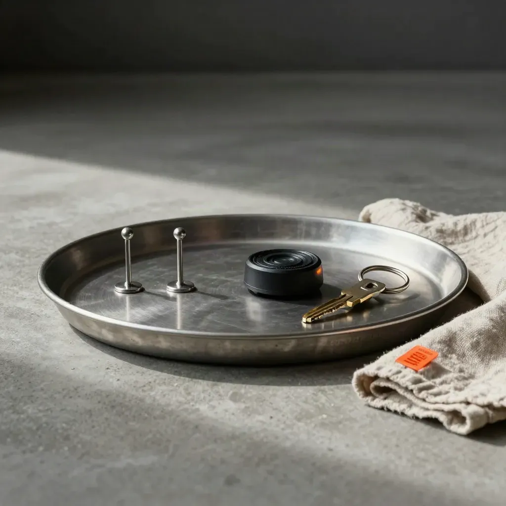 Steel tray with destination pins, dock key ring and route beacon on concrete with orange accent.