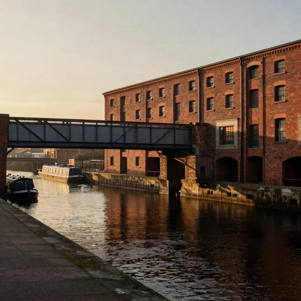 West Midlands canal basin at sunset with red-brick warehouses, iron bridges and calm water